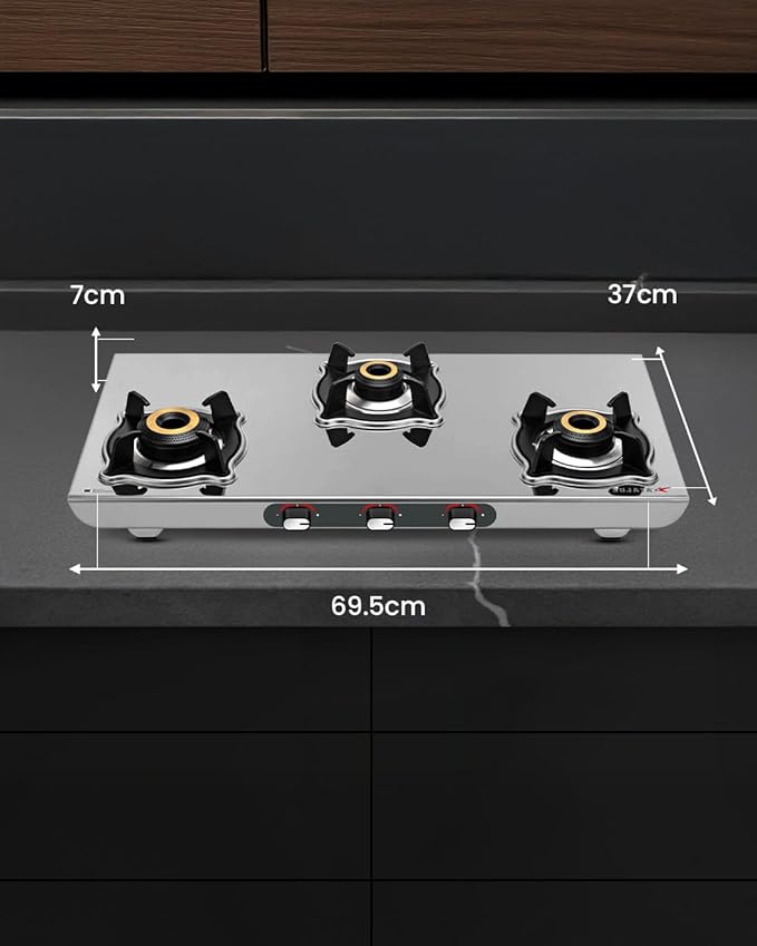 Sujata Majestic Manual Ignition Gas Stove | 9 Years Warranty | Stove 3 Burner, Gas Stove 3 Burners Steel, SABAF, ISI Certified, LPG & PNG Compatible, Jumbo Brass Burners (Stainless Steel) - Alternate View