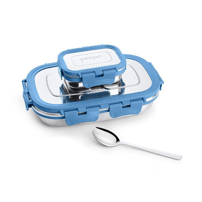 Go24 pexpo Steel Mate Stainless Steel Lunch Box for Kids (700ml) with Small Container (150ml) with Spoon - Blue - Alternate View
