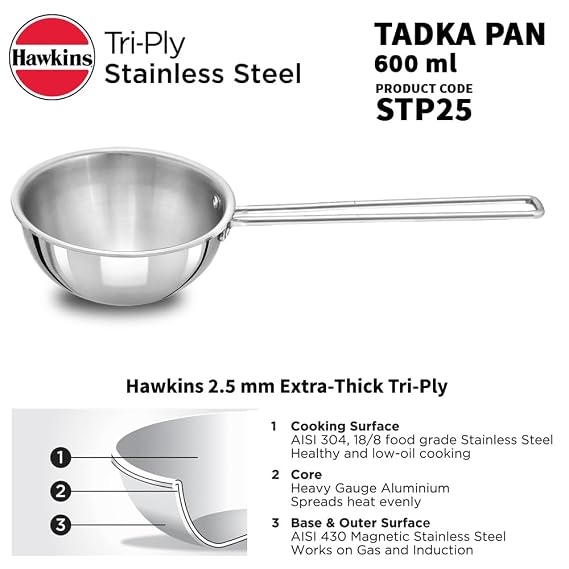 Hawkins 2.5 Cup Tadka Pan, 600ml Triply Stainless Steel Pan, Silver (STP25) - Alternate View