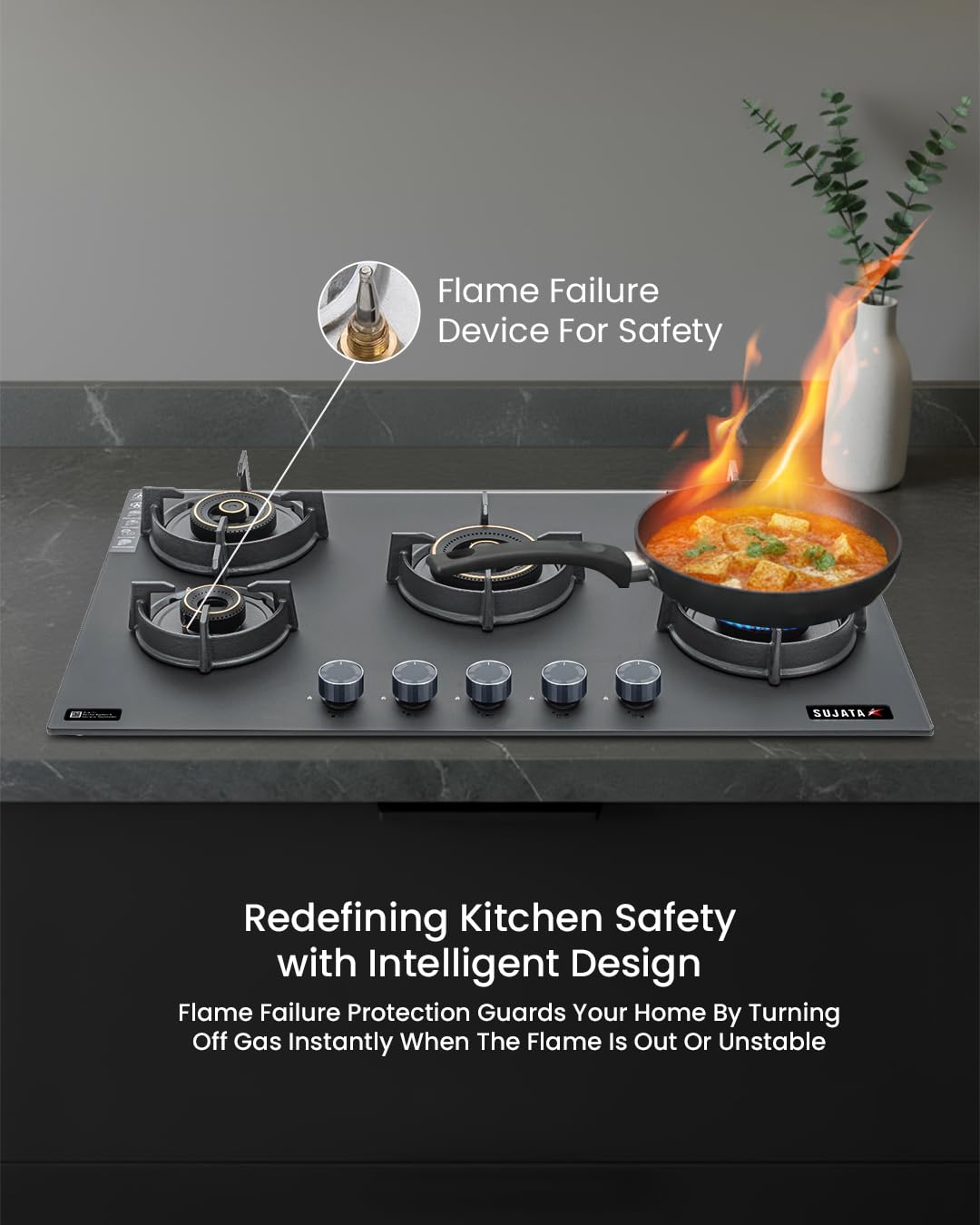 Sujata 5 Burner Gas Stove Glass Top | 5 Years Warranty | Gas Chulha, Auto Ignition Gas Stove, CookTop cum Hob Top, LPG & PNG Compatible, Brass Burner (Palladium FFD Auto Ignition Black) - Detail View