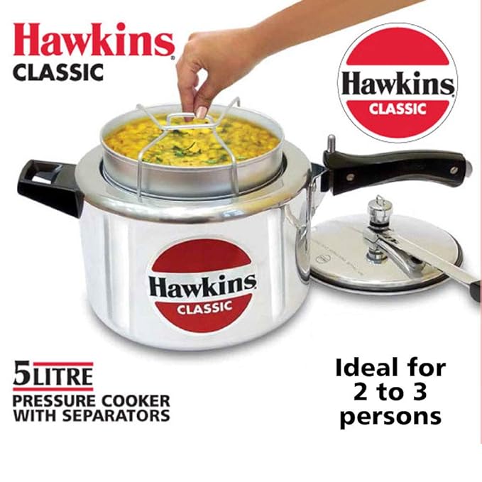 Hawkins Classic 5 Litre Pressure Cooker | Straight Body | Gas Compatible | Ideal for 5–7 persons | with Separator Set | ISI Certified | 5 Year Guarantee | Silver (CL51) - Alternate View