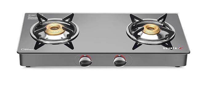 Sujata Standard Gas Stove 2 Burners | 9 Years Warranty | Stove 2 Burner, 2 Burner Gas Stove Glass Top, ISI Certified, SABAF Valve, LPG & PNG Compatible, 360° Nozzle (Black)