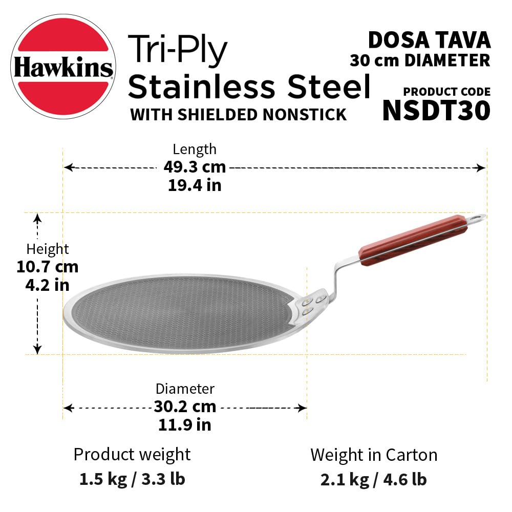 Hawkins 30 cm Dosa Tava, Triply Stainless Steel Shielded Nonstick Tawa with Rosewood Handle, Honeycomb Non Stick Induction Tawa, Silver (NSDT30) - Detail View