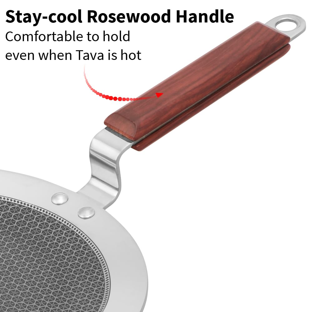 Hawkins 24 cm Paratha Tava, Triply Stainless Steel Shielded Nonstick Tawa with Rosewood Handle, Honeycomb Non Stick Induction Tawa, Silver (NSPT24) - Alternate View