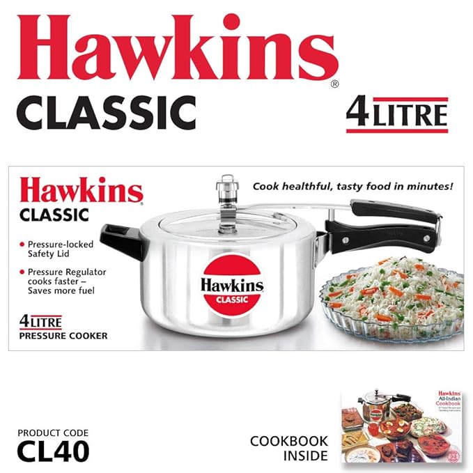 Hawkins Classic 4 Litre Pressure Cooker | Straight Body | Gas Compatible | Ideal for 4–6 persons | ISI Certified | 5 Year Guarantee | Silver (CL40) - Alternate View