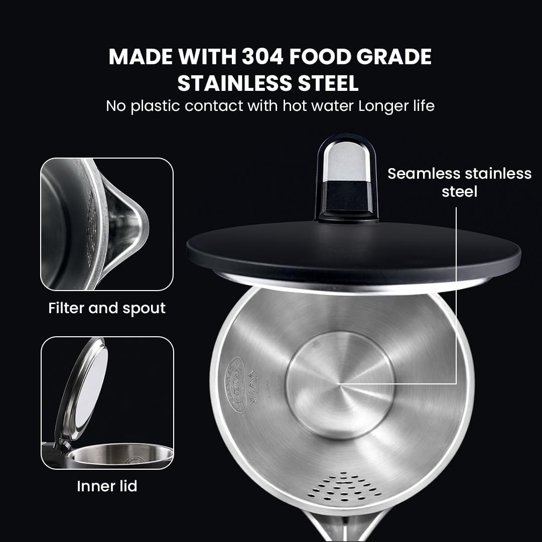 Sujata 1380 W Electric Kettle EK01 1.5 Litre | Strix Controller | Cool Touch | 3 Way Auto Shut Off | Stainless Steel | Double Wall Cool Touch | 360 Degree base | Black - Detail View