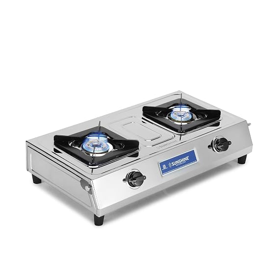 Sunshine Oscar Plus 2 Burner Stainless Steel Gas Stove Manual Ignition Comes with 2 Brass Burners