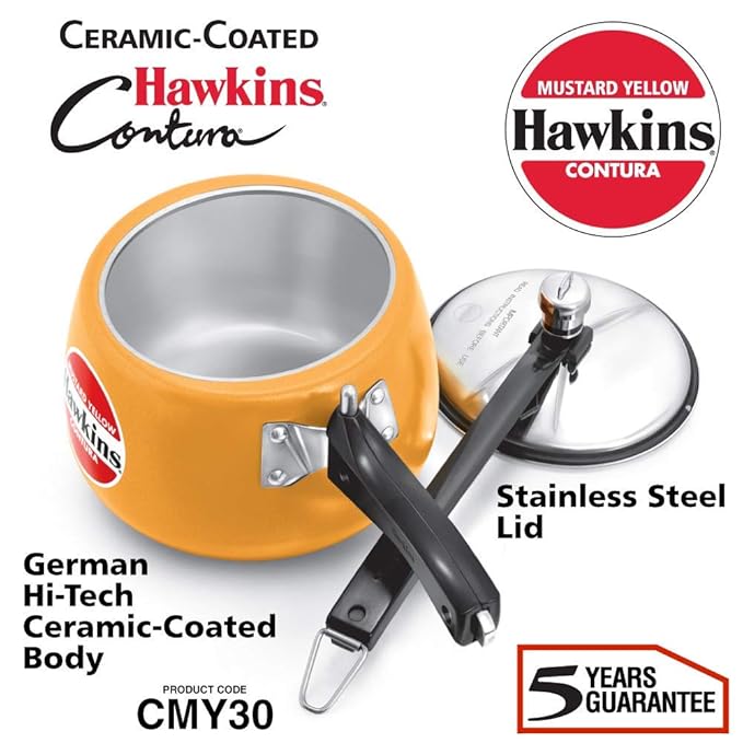Hawkins 3 Litre Contura Pressure Cooker, Ceramic Coated Handi Inner Lid Cooker, Mustard Yellow (CMY30) - Alternate View