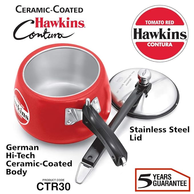 Hawkins 3 Litre Contura Pressure Cooker, Ceramic Coated Handi Inner Lid Cooker, Tomato Red (CTR30) - Detail View