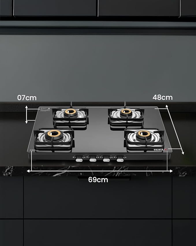 Sujata Gas Stove 4 Burner | Classic Gas Stove Auto Ignition | 9 Years Warranty | Gas Stove 4 Burners Glass Top | SABAF, ISI Certified, LPG & PNG Compatible, Jumbo Brass Burner (Black Colour) - Detail View