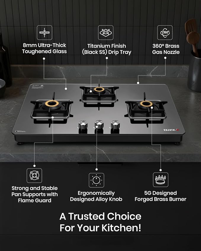 Sujata Premium Gas Stove 3 Burners Glass Top | 9 Years Warranty | Gas Stove with Jumbo Brass Burners | SABAF Technology | ISI Certified | LPG & PNG Compatible | 360° Rotating Brass Nozzle (Black) - Detail View