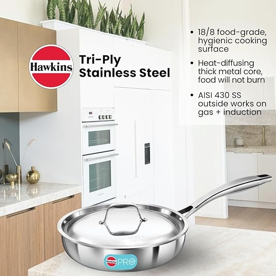 Hawkins Pro 22 cm Frying Pan, Triply Stainless Steel Fry Pan with Stainless Steel Handle and Stainless Steel Lid, Silver (PSF22S) - Alternate View