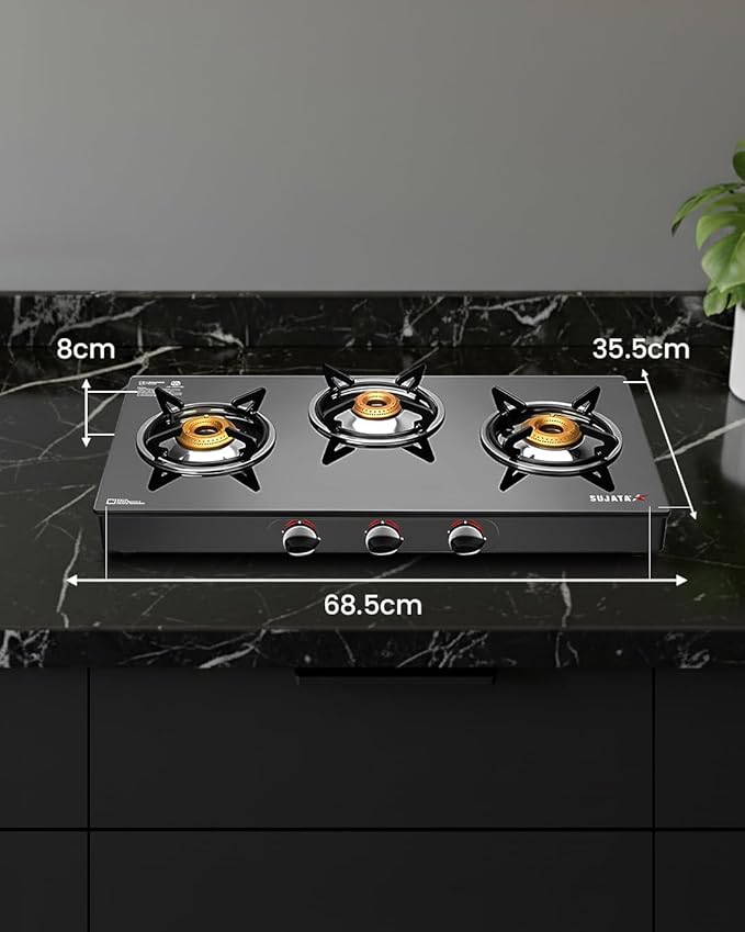 Sujata Standard Gas Stove 3 Burners | 9 Years Warranty | 3 Burner Gas Stove Glass Top, Stove 3 Burner, ISI Certified, SABAF Valve with LPG & PNG Compatible, 360° Nozzle, 8mm Thick Glass (Black) - Alternate View