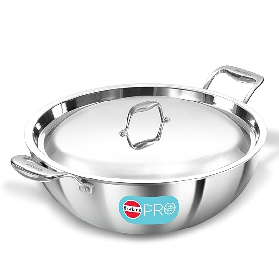 Hawkins Pro 8 Litre Deep-Fry Pan, Triply Stainless Steel Kadhai with Stainless Steel Handles and Stainless Steel Lid, Silver (PSK80S),33 Cm|Induction and Gas Stove Compatible