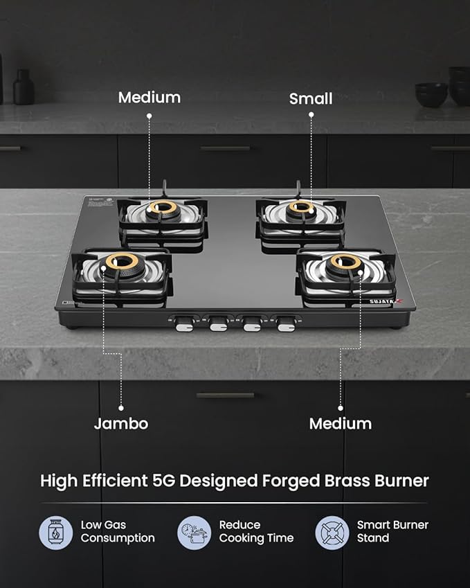 Sujata Gas Stove 4 Burner | Classic Gas Stove Auto Ignition | 9 Years Warranty | Gas Stove 4 Burners Glass Top | SABAF, ISI Certified, LPG & PNG Compatible, Jumbo Brass Burner (Black Colour) - Alternate View
