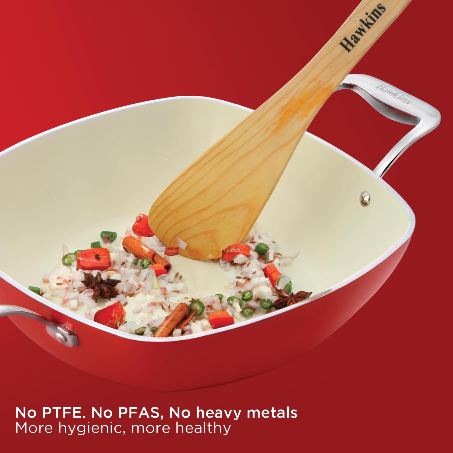 Hawkins 3 Litre Qué Cerá Cerá Kadhai with Glass Lid – Induction & GasSquircle Shape Kadai for Frying | Sautéing & Everyday Cooking | Red (ICQK30G) - Detail View