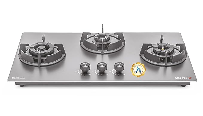 Sujata Gas Stove 3 Burners | 5 Years Warranty | 3 Burner Gas Stove Stainless Steel Auto Ignition, CookTop cum Hob Top, LPG Ready & PNG Compatible, Brass Burner (Osmium - 3 Burner Auto Ignition)