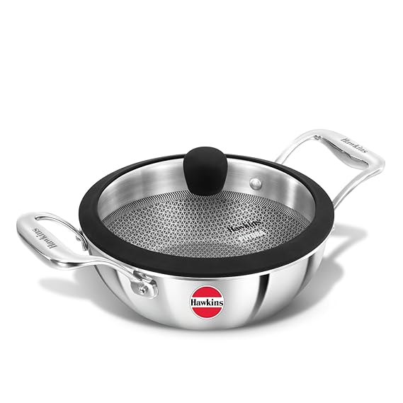 Hawkins Pro 1.5 Litre Shielded Nonstick Triply Deep-Fry Pan, Kadhai with Stainless Steel Handles and Glass Lid, Silver (PSNK15G), 18 cm|Induction and Gas Stove Compatible