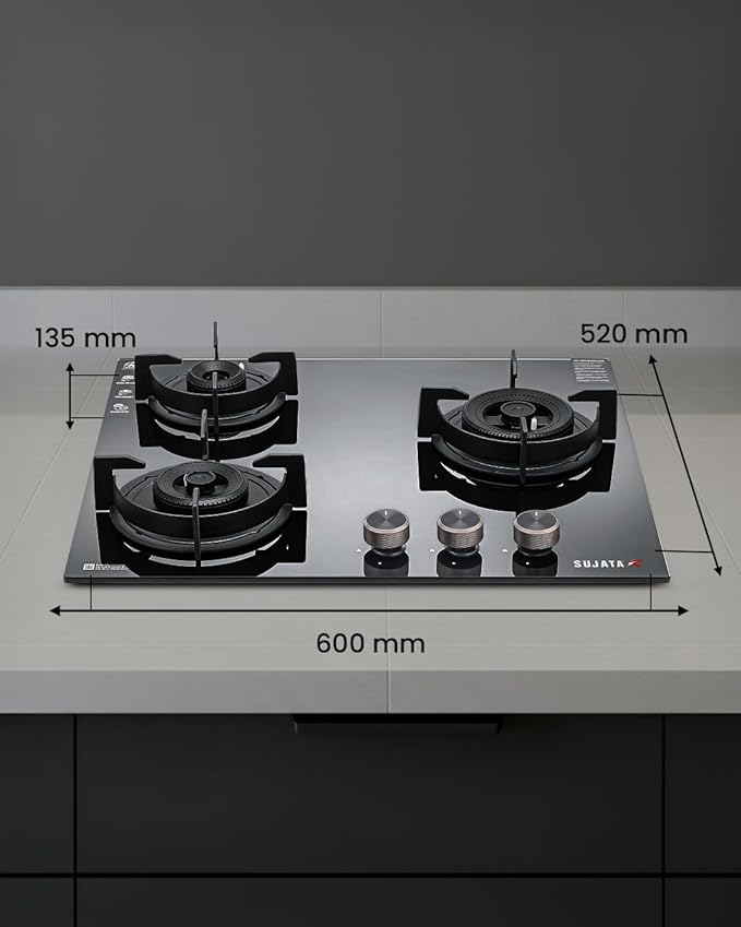 Sujata 3 Burner Gas Stove Glass Top | 5 Years Warranty | Auto Ignition Gas Stove 3 Burner, CookTop cum Hob Top 3 Burners, LPG & PNG Compatible, Brass Burner (Indium Auto Ignition - Black) - Alternate View