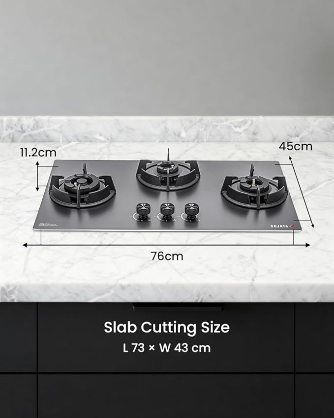 Sujata Gas Stove 3 Burners | 5 Years Warranty | 3 Burner Gas Stove Stainless Steel Auto Ignition, CookTop cum Hob Top, LPG Ready & PNG Compatible, Brass Burner (Osmium - 3 Burner Auto Ignition) - Alternate View