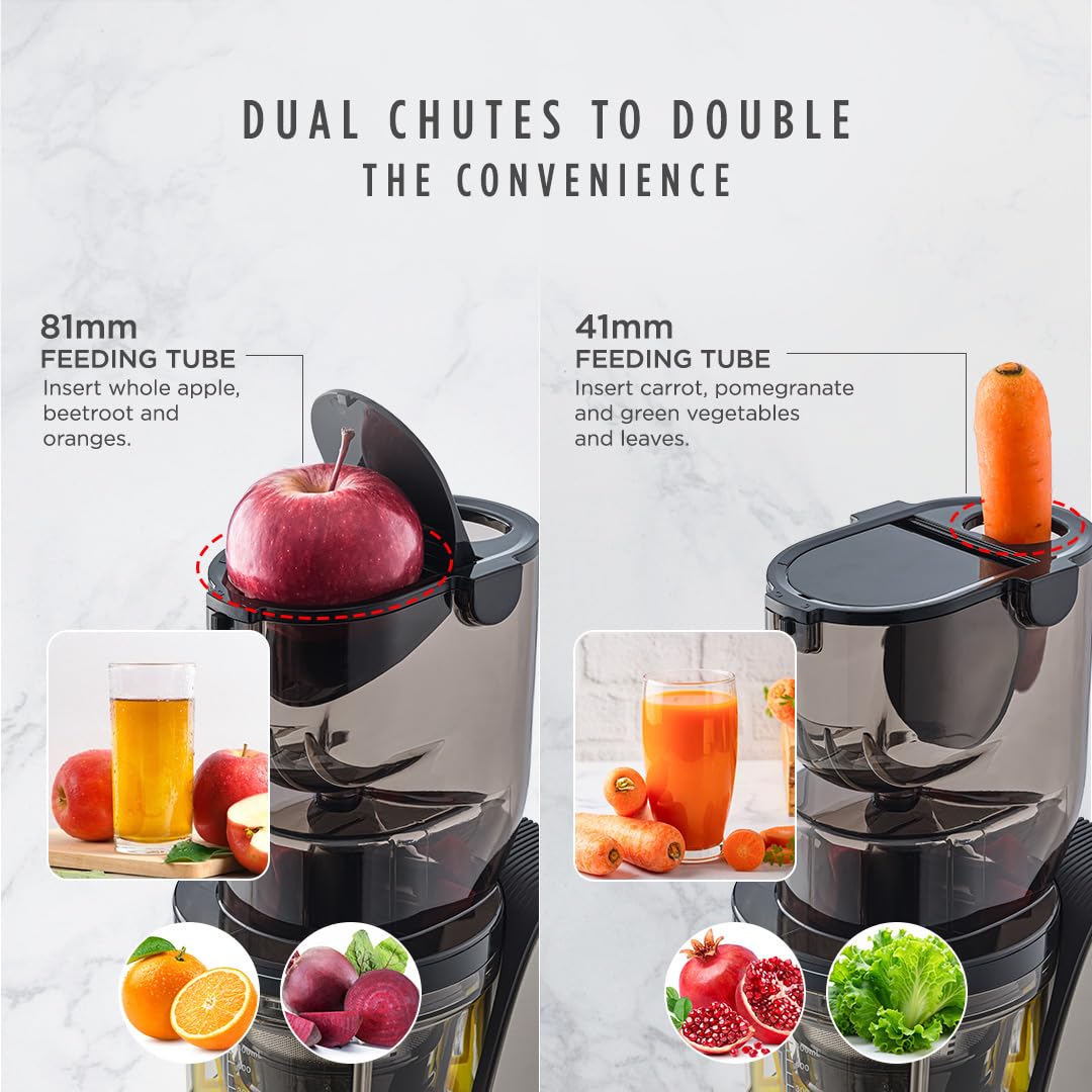 Sujata Cold Pressed Slow Juicer SJ01 | Ideal for Fruit, Vegetable Juices, Nut Milks, Smoothies & Frozen Desserts | Dual Feeding Chute | Reverse Function | Magnetic Safety Lock - Detail View