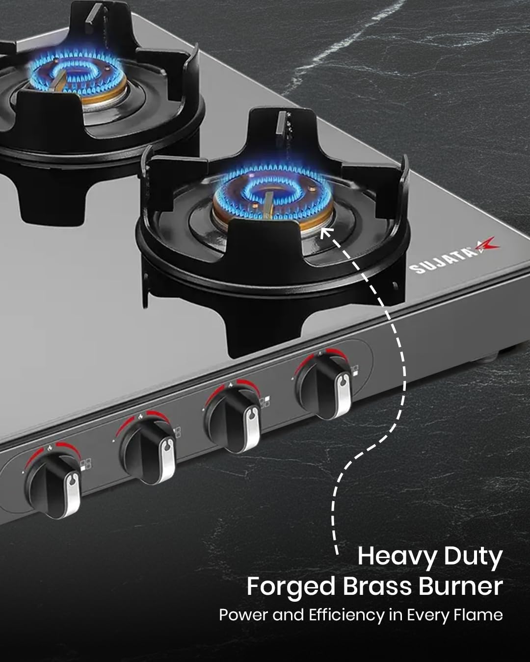 Sujata Deluxe Gas Stove | 9 Years Warranty | 4 Burner Stove, Gas Stove 4 Burners Glass Top, Manual Ignition, SABAF, ISI Certified, LPG & PNG Compatible, Jumbo Brass Burner (Black) - Detail View