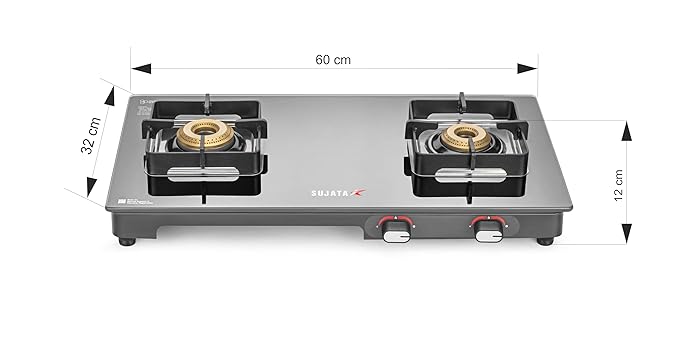 Sujata Regal Manual Gas Stove 2 Burners Glass Top | 9 Years Warranty | Gas Stove with Brass Burners | SABAF Technology | ISI Certified | LPG & PNG Compatible | 360° Rotating Brass Nozzle (Black) - Alternate View