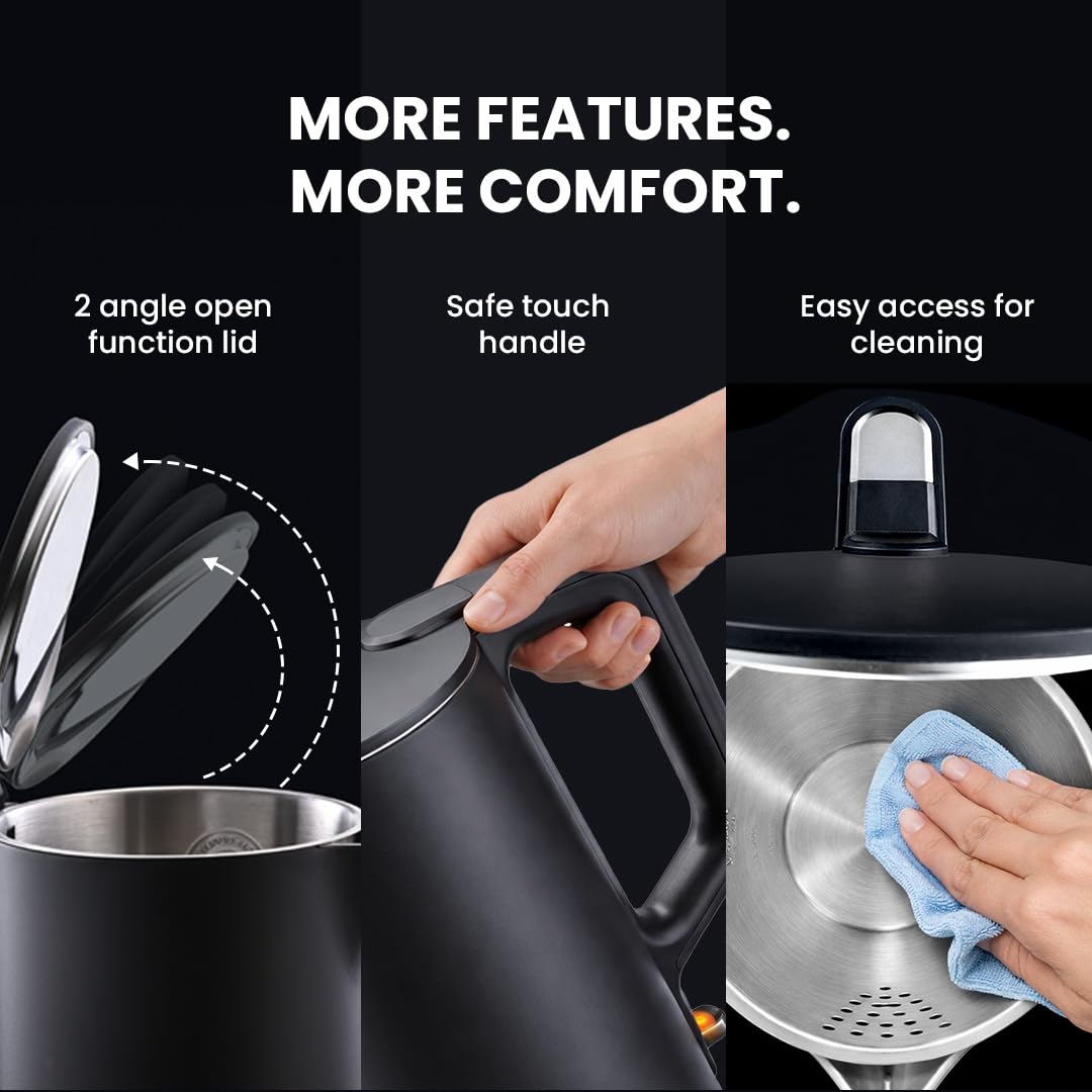 Sujata 1380 W Electric Kettle EK01 1.5 Litre | Strix Controller | Cool Touch | 3 Way Auto Shut Off | Stainless Steel | Double Wall Cool Touch | 360 Degree base | Black - Alternate View