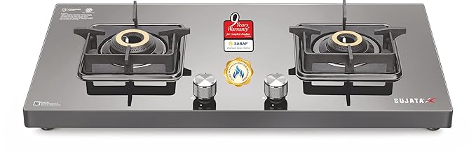 Sujata Premium Gas Stove Auto Ignition | 9 Years Warranty | Gas Stove 2 Burners Glass Top, SABAF, ISI Certified, LPG & PNG Compatible, 360° Rotating Brass Gas Nozzle, Jumbo Brass Burner (Black)
