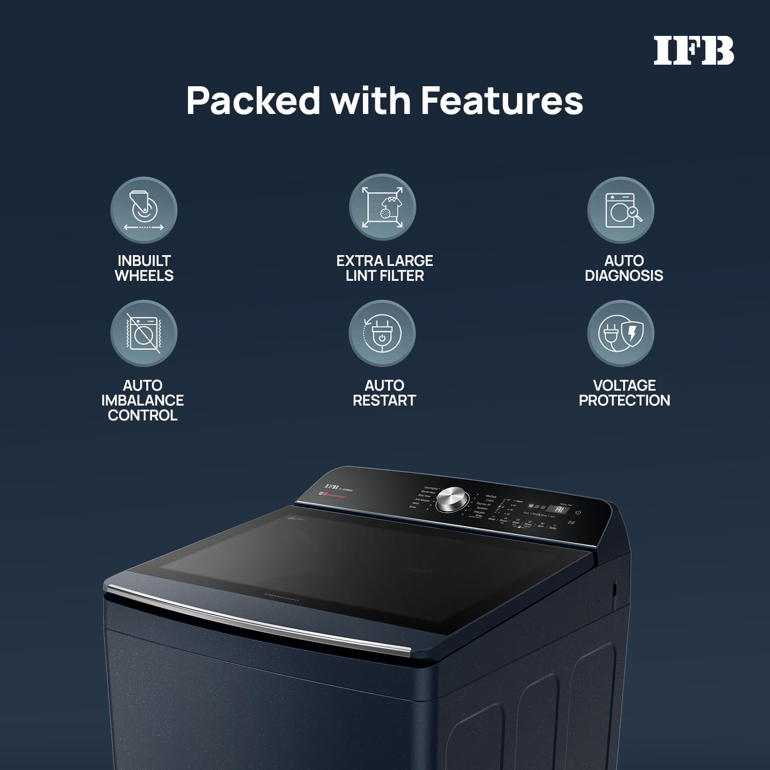 IFB 12 Kg 5 Star with DeepClean® Technology, AI Powered, Fully Automatic Top Load Washing Machine (2025 Model, TL121RB2SN, PowerSteam®, Inbuilt Heater, 5D Wash, Aqua Energie, Royal Blue) - Detail View