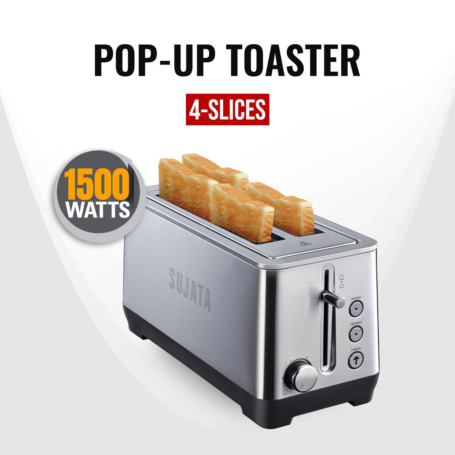 Sujata 1500 W Pop-up 4 Slice Stainless Steel PT12 Toaster | 7 Heating Modes | Cool Touch | Reheat and Defrost Function | High Lift Toast | Extra Wide Toast Slot - Alternate View
