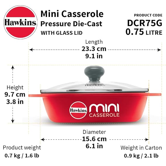 Hawkins 0.75 Litre Mini Casserole with Glass Lid, Oval Shaped Die-Cast pan for Cooking, Reheating, Serving and Storing, Red (DCR75G) - Detail View