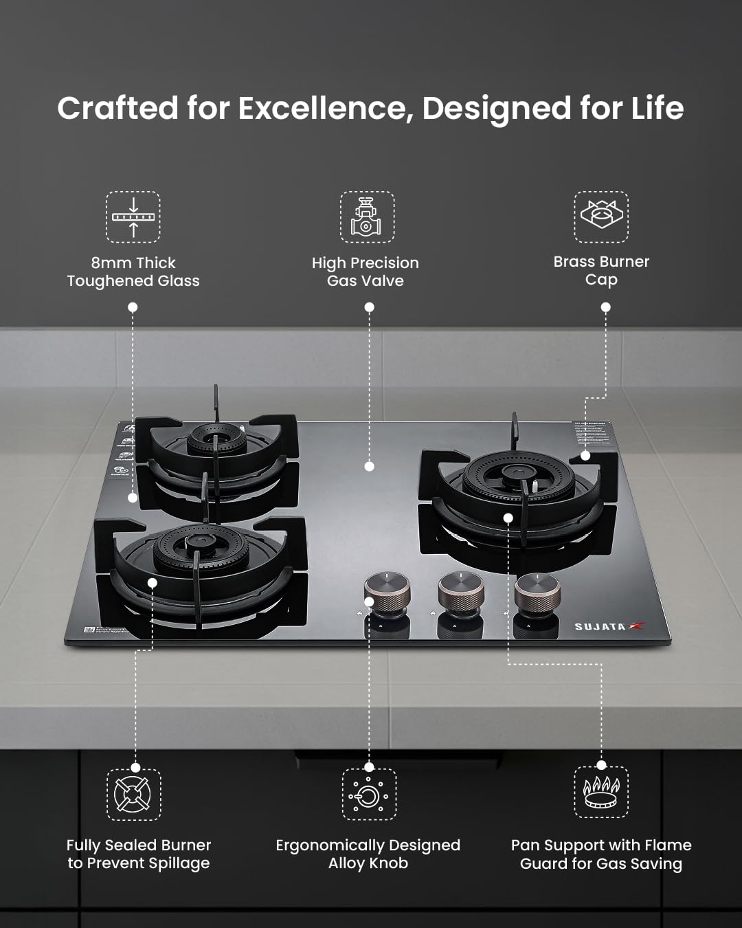 Sujata 3 Burner Gas Stove Glass Top | 5 Years Warranty | Auto Ignition Gas Stove 3 Burner, CookTop cum Hob Top 3 Burners, LPG & PNG Compatible, Brass Burner (Indium Auto Ignition - Black) - Detail View