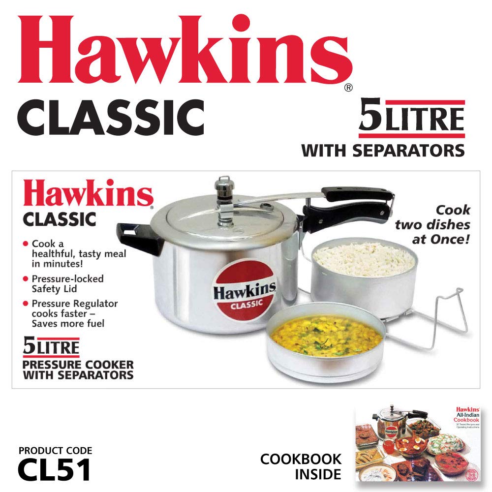 Hawkins Classic 5 Litre Pressure Cooker | Straight Body | Gas Compatible | Ideal for 5–7 persons | with Separator Set | ISI Certified | 5 Year Guarantee | Silver (CL51) - Detail View