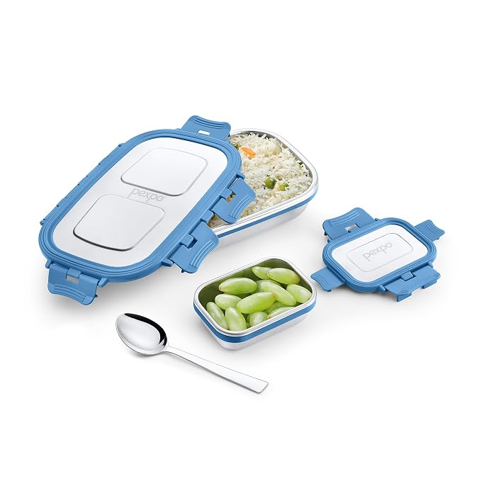 Go24 pexpo Steel Mate Stainless Steel Lunch Box for Kids (700ml) with Small Container (150ml) with Spoon - Blue - Detail View
