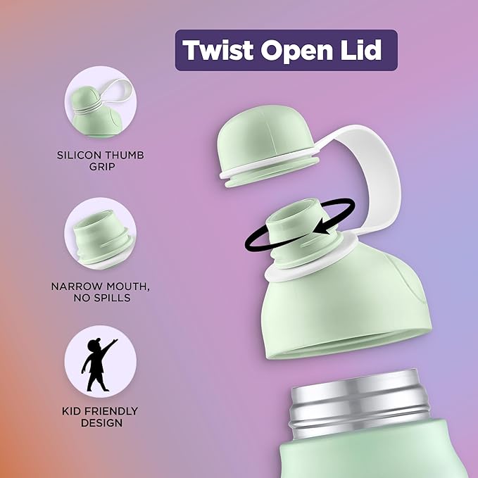 Go24 pexpo Piano Pro 450 ISI Certified Stainless Steel Water Bottle for School Kids - 420ml | 6+ Years Age |Hot & Cold | with Sipper Cap |Double Wall | for Picnic, Outing - Green Dino Printed - Detail View