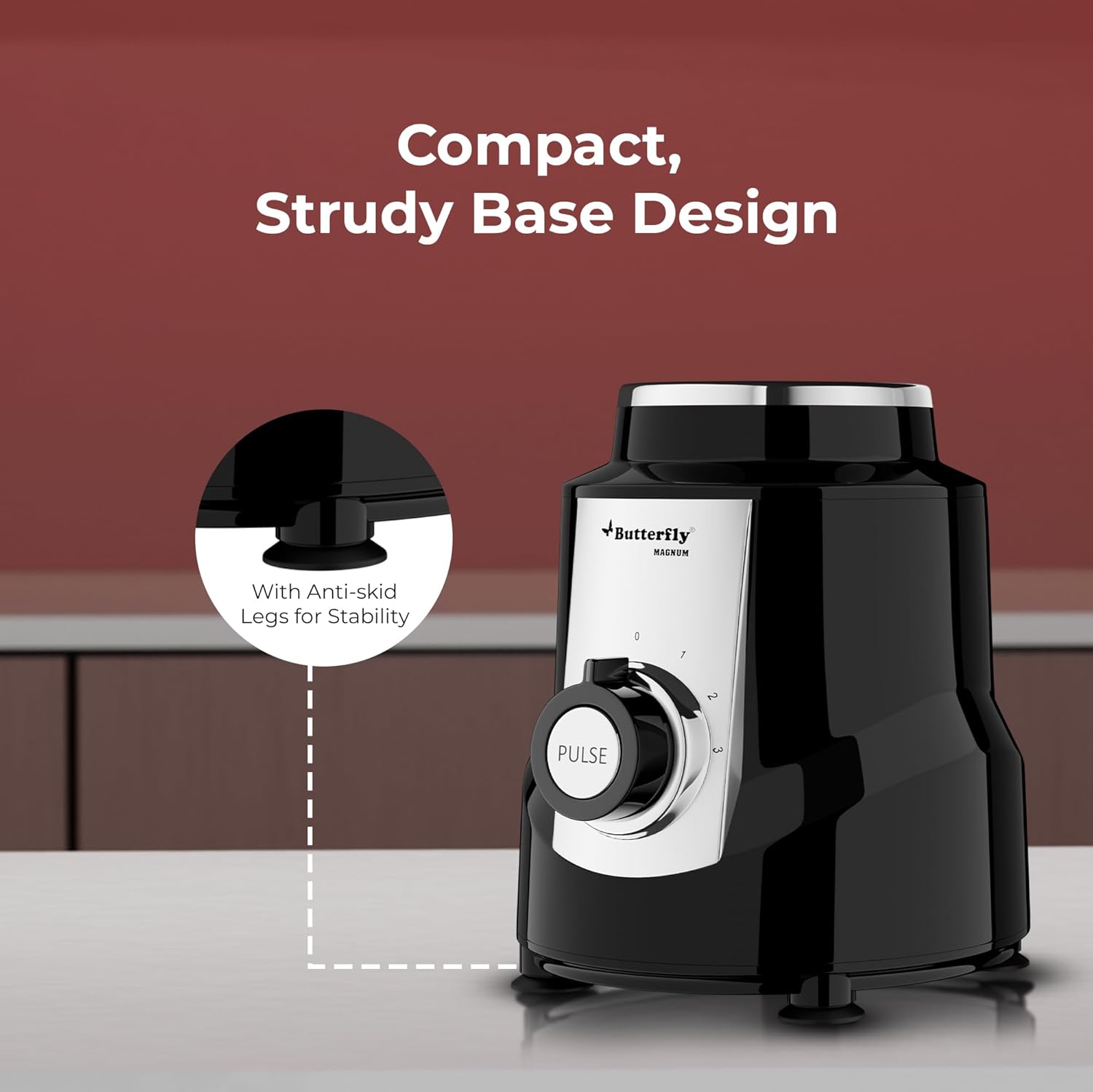 Butterfly Magnum 1.2HP Mixer Grinder with 4 Jars | 100% Copper Motor | 3 Stainless Steel Multipurpose Jars and 1 Juicer Jar - Detail View