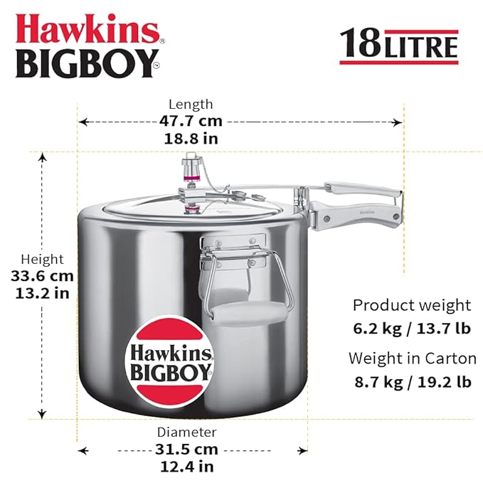 Hawkins 18 Litre Bigboy Pressure Cooker, Big Inner Lid Cooker, Silver (BB18), Aluminium - Detail View