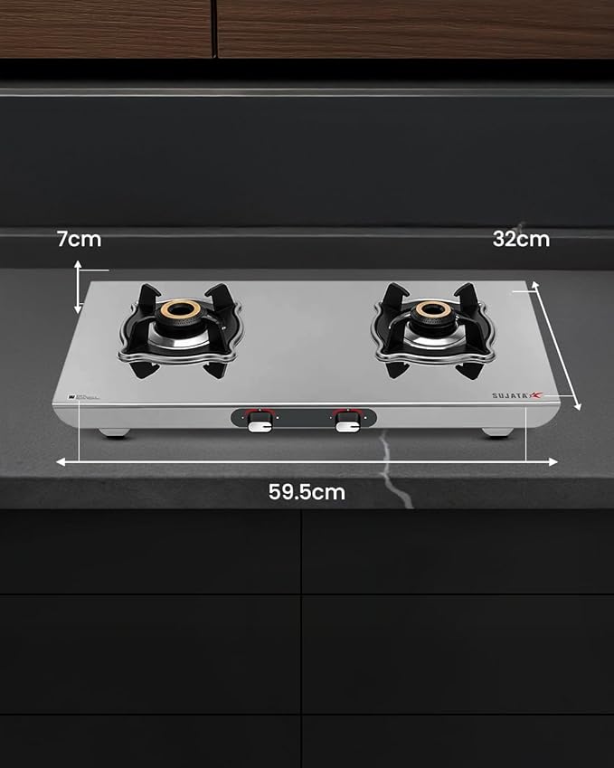 Sujata Majestic Manual Ignition Gas Stove | 9 Years Warranty | Gas Stove 2 Burners Steel, Stove 2 Burner, SABAF, ISI Certified, LPG & PNG Compatible, Brass Burner (Stainless Steel) - Alternate View