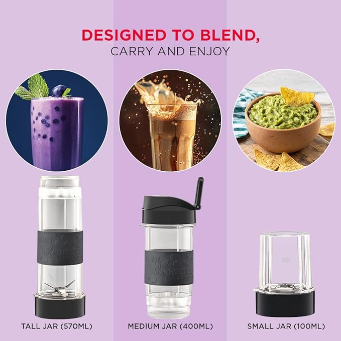 Sujata Nutromatic 600 Watt Electric Blender | Personal Blender for Smoothies, Juices & Nutritious Drinks with 3 Multipurpose Jars Including Travel Jar - Detail View