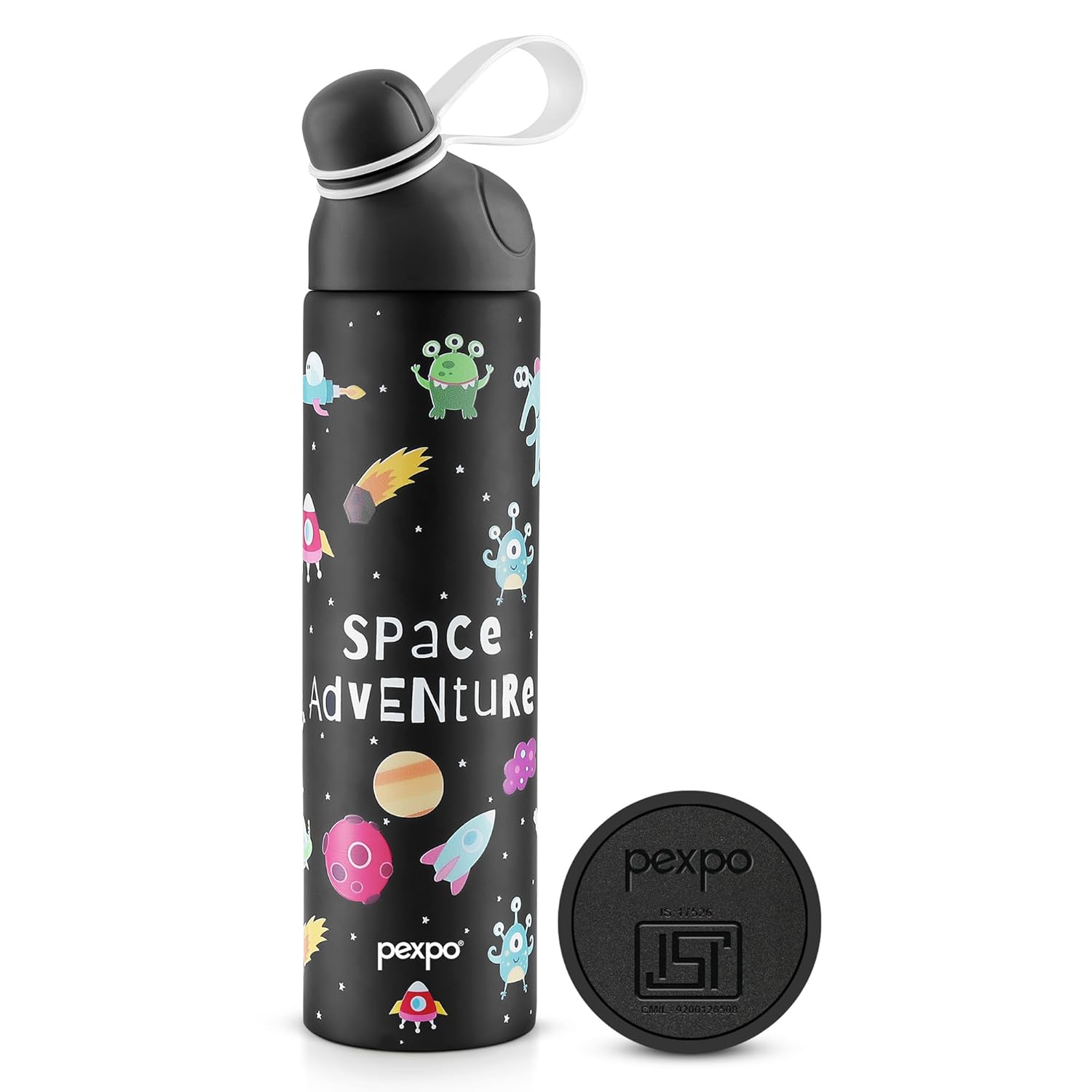 Go24 pexpo Water Bottle for School Kids, ISI Certified Stainless Steel Sipper Bottle for Kids 470ml | Hot & Cold Thermos Insulated Water Bottle|6+ Years Kids|Pico 500 - Black - Space