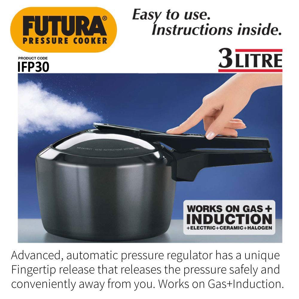 Hawkins Futura 3 Litre Inner Lid Pressure Cooker, Hard Anodised Aluminium Pressure Cooker, Induction Cooker, Pan Cooker, Black (Ifp30), 3 Liter - Detail View