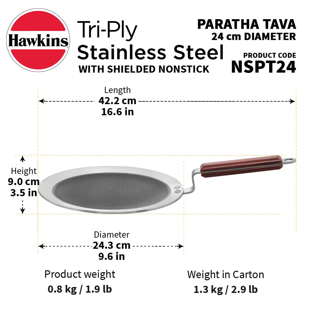 Hawkins 24 cm Paratha Tava, Triply Stainless Steel Shielded Nonstick Tawa with Rosewood Handle, Honeycomb Non Stick Induction Tawa, Silver (NSPT24) - Detail View