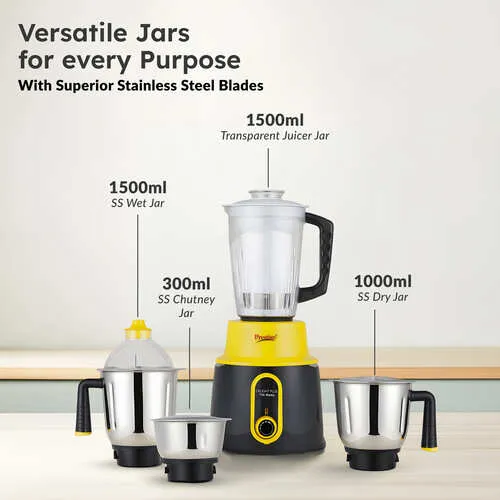 Prestige 750 Watts Delight Plus Mixer Grinder with 4 Jars (3 Stainless Steel Jars + 1 Juicer Jar)| Sturdy Handles| Superior-Grade ABS Body| Yellow and Black - Alternate View