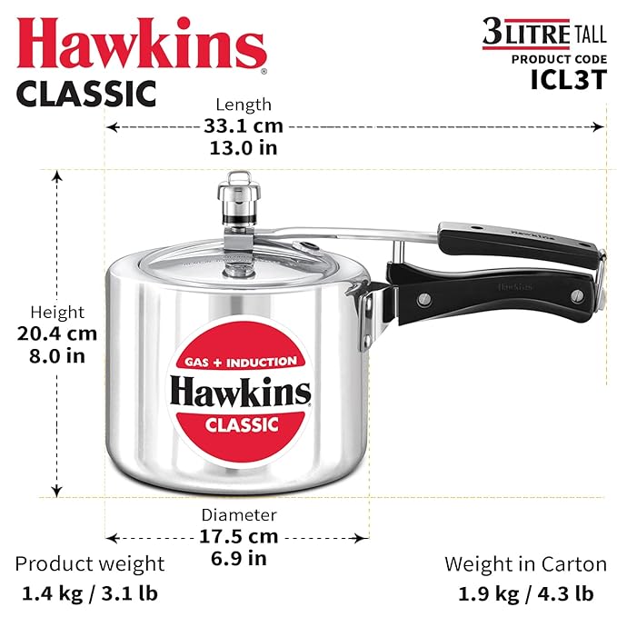 Hawkins Aluminium 3 Litre Classic Pressure Cooker,Induction Inner Lid Cooker,Tall Design Pan Cooker,(Icl3T) - Detail View
