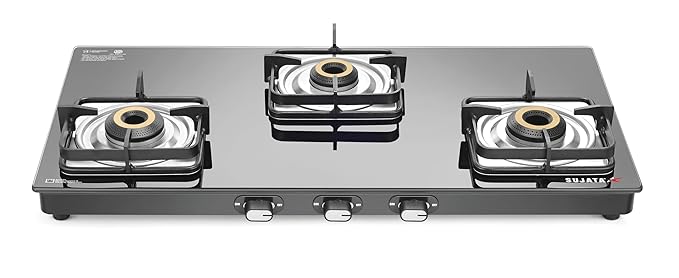 Sujata Gas Stove 3 Burner | Classic Gas Stove Manual Ignition | 9 Years Warranty | 3 Burner Gas Stove Glass Top | SABAF, ISI Certified, LPG & PNG Compatible, Jumbo Brass Burner (Black Colour)