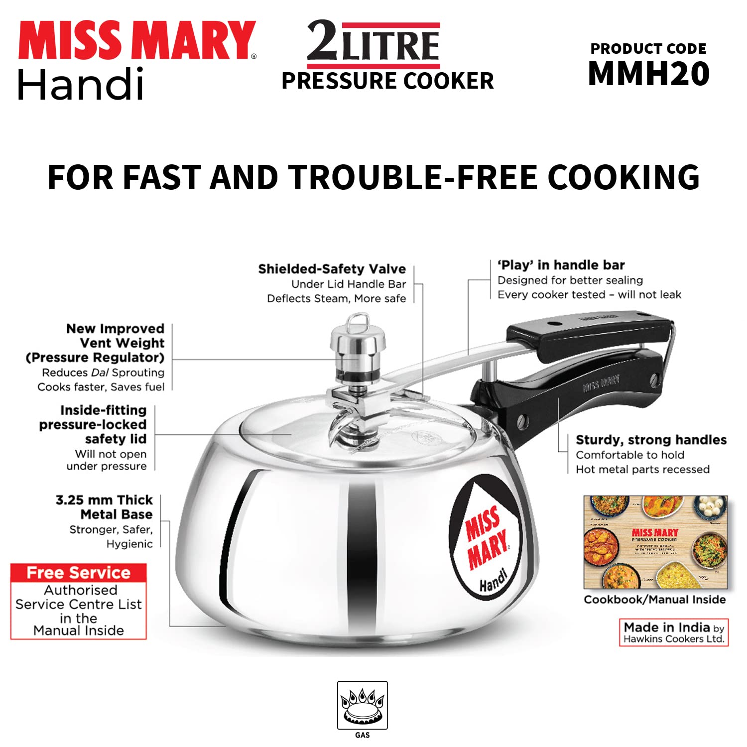 Hawkins 2 Litre Miss Mary Handi Pressure Cooker, Small Inner Lid Cooker, Silver (MMH20),Aluminium - Detail View