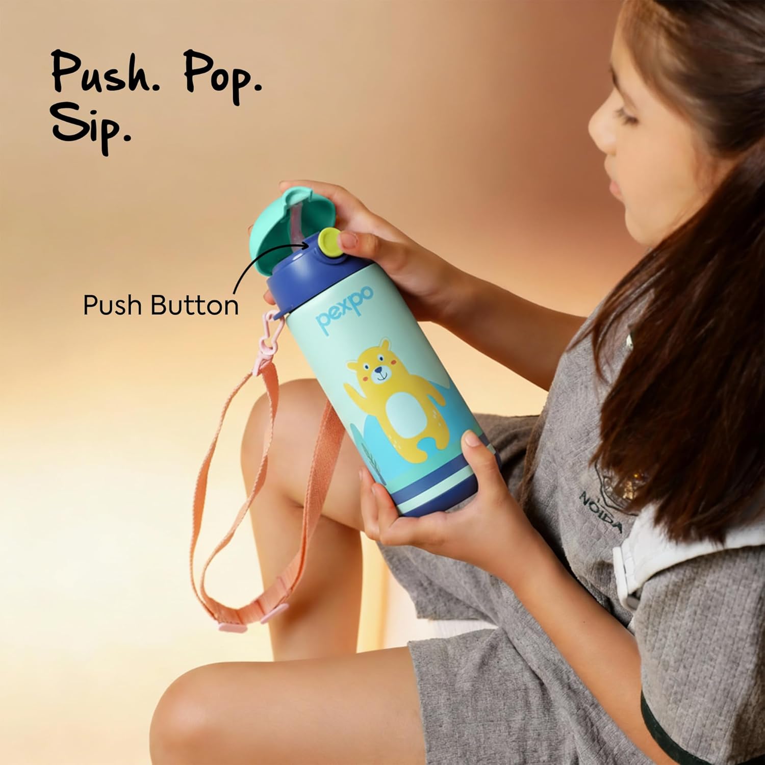 Go24 pexpo Pixy ISI Certified Stainless Steel Water Bottle for School Kids - 300ml | Hot & Cold Vacuum Insulated Flask | Leak Proof | Carry Strap | School, Picnic, Sports - Sea Green Bear - Alternate View
