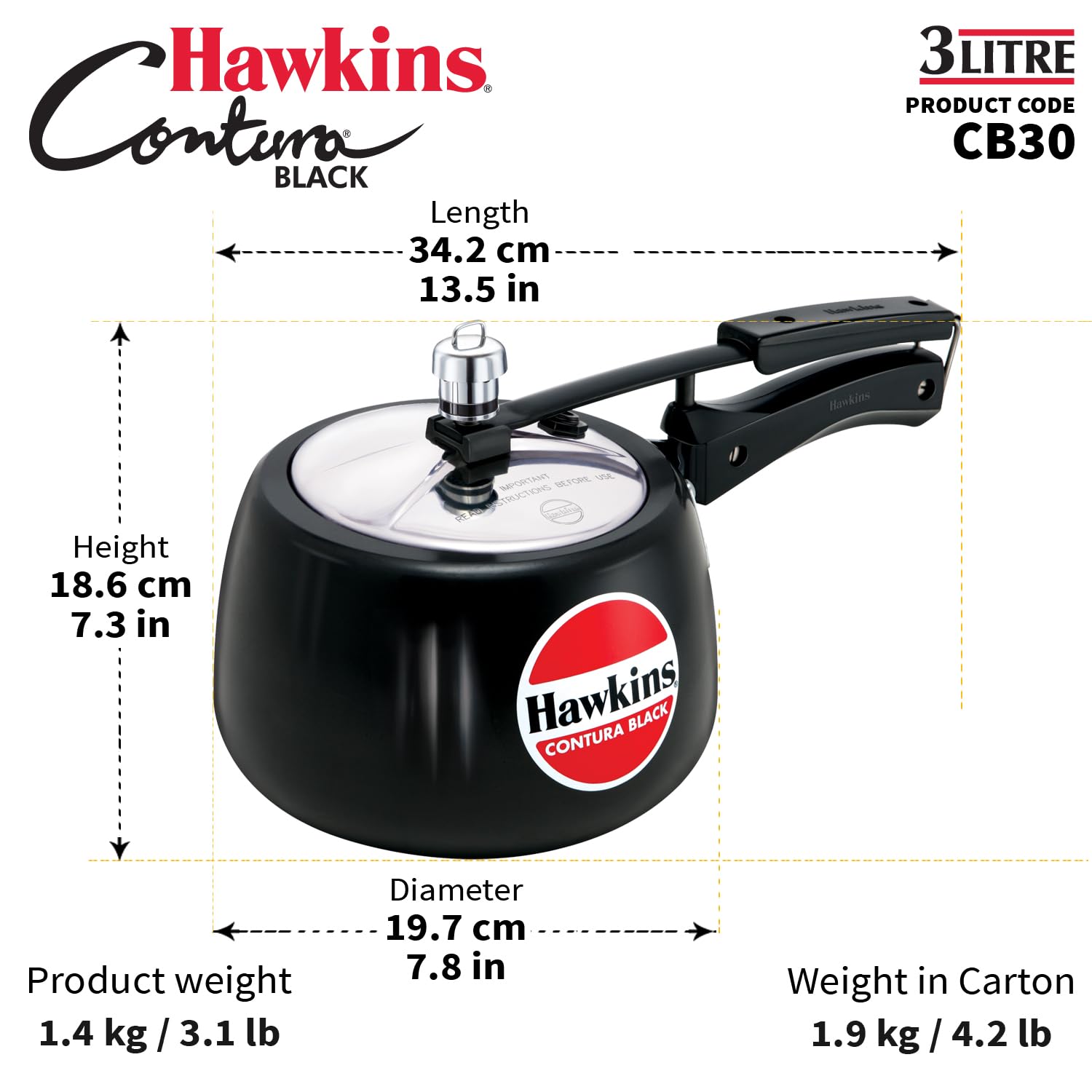Hawkins 3 Litre Contura Black Pressure Cooker, Hard Anodised Inner Lid Cooker, Handi Cooker, (CB30) - Alternate View