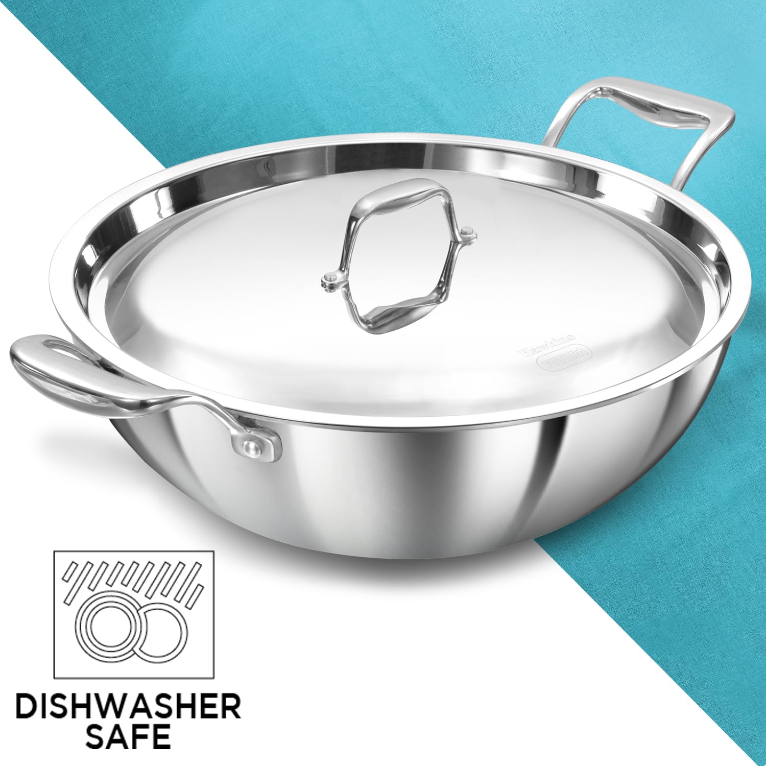 Hawkins Pro 6 Litre Deep-Fry Pan, Triply Stainless Steel Kadhai with Stainless Steel Handles and Stainless Steel Lid, Silver (PSK60S) - Detail View
